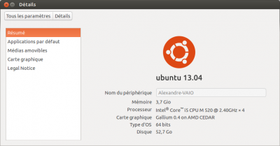 L'outil "Résumé" des "Paramètres système" dans Ubuntu 13.04