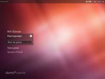 L'écran de connexion du gestionnaire de session LightDM, tel que visible dans Ubuntu 12.04 LTS